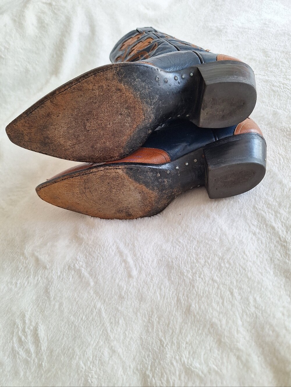 Vintage Larry Mahan Blue Leather Cowboy Boots Orange Floral Clover Inlay US 7B - Picture 7 of 12